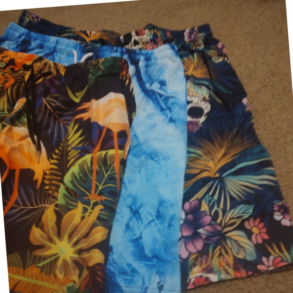 Mens Swim Trunks Bundle Set of 3 Tropical‎ Flamingo Skull Blue Tie Dye Shorts